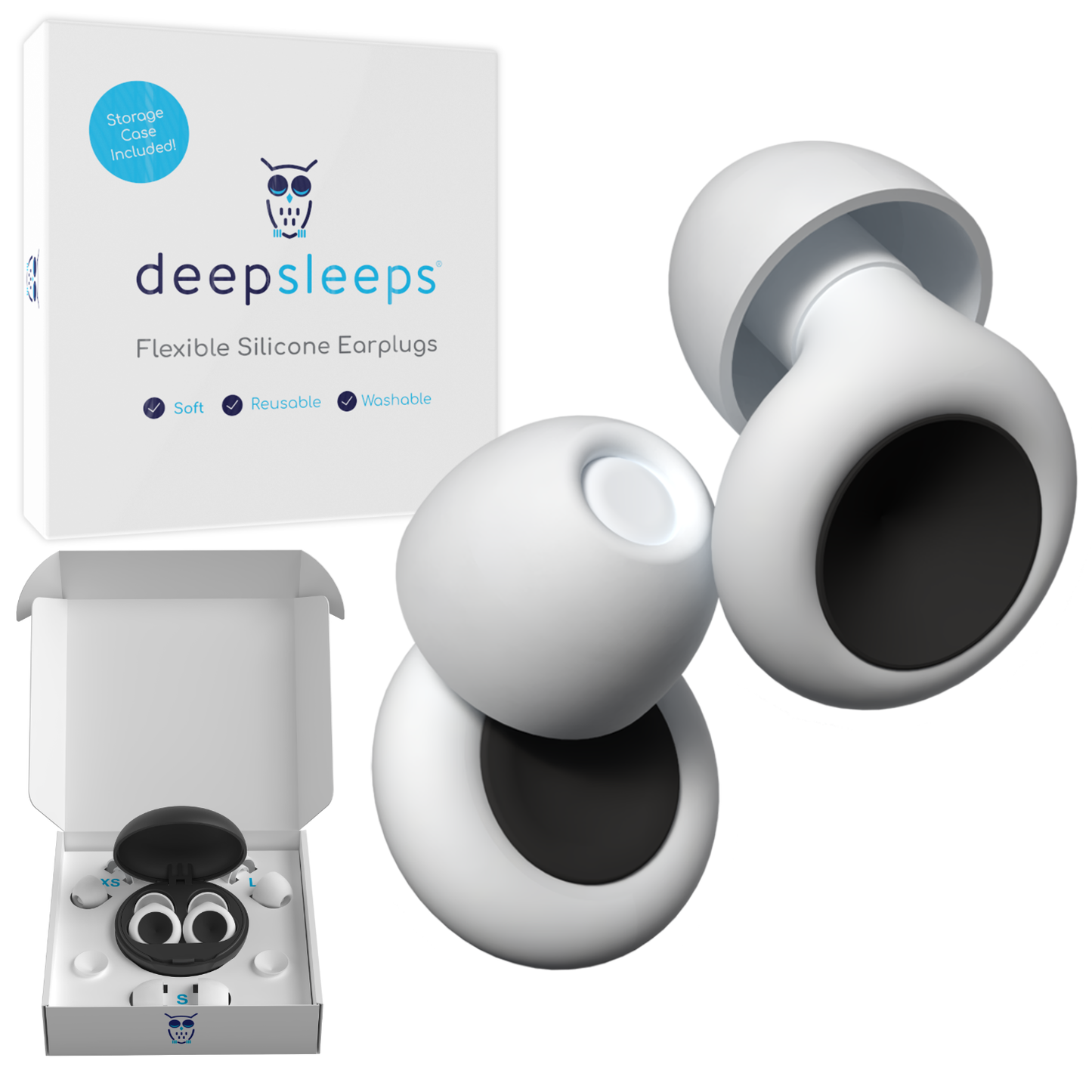 Deep Sleeps Flex Reusable silicone earplugs for sleeping - white with black inserts and box