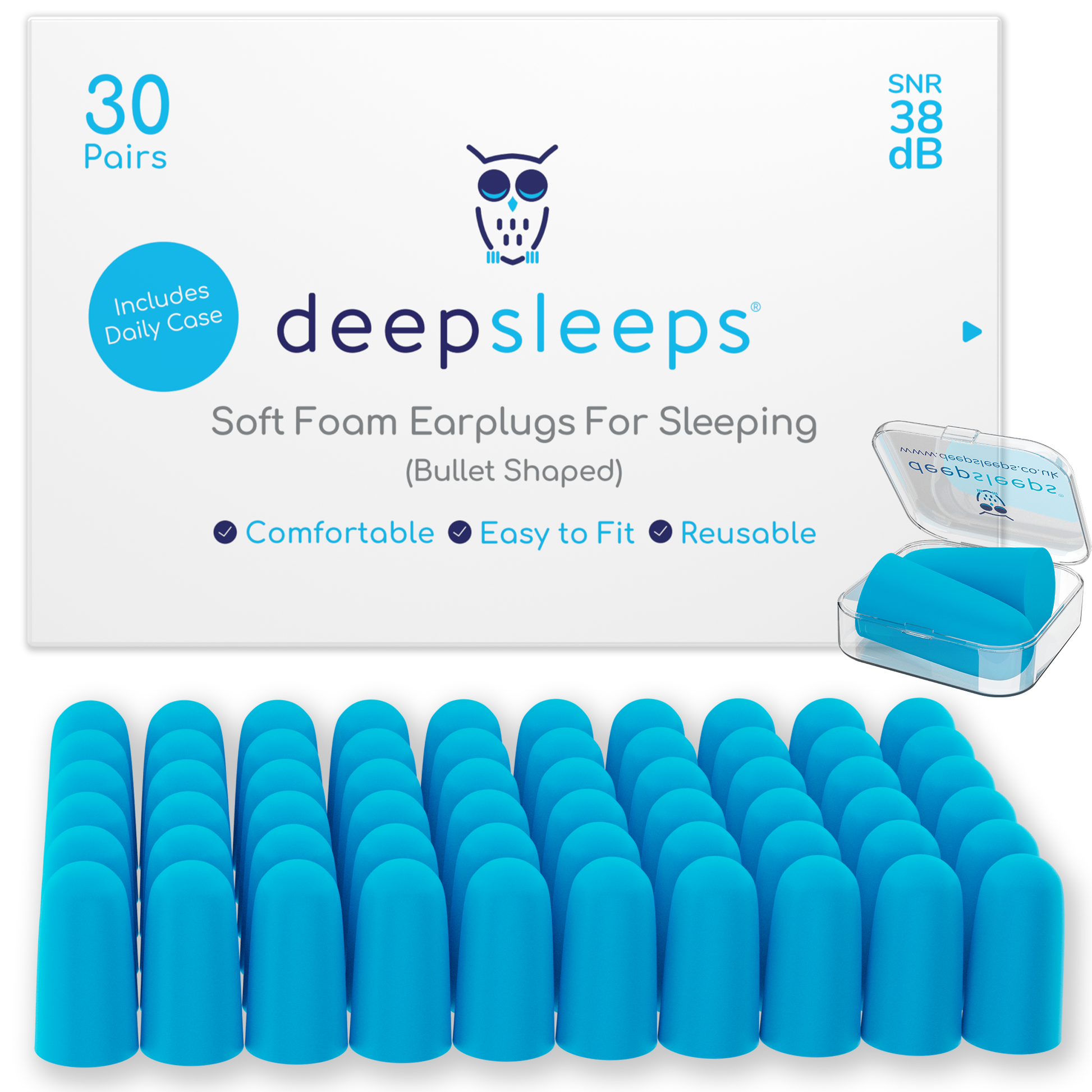 Deep Sleeps Bullet Shaped Foam Earplugs For Sleeping - Small/Medium - 38dB Noise Cancelling - Deep Sleeps